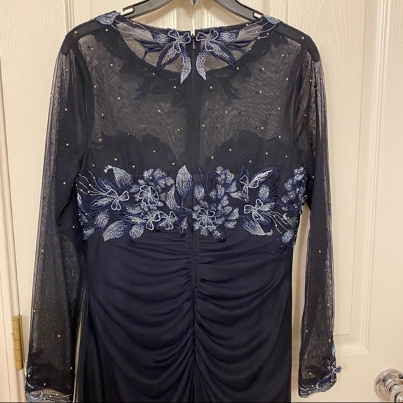 XSCAPE Lace Embroidered Sheer Long Sleeve Gown in Navy Blue - Picture 8 of 11